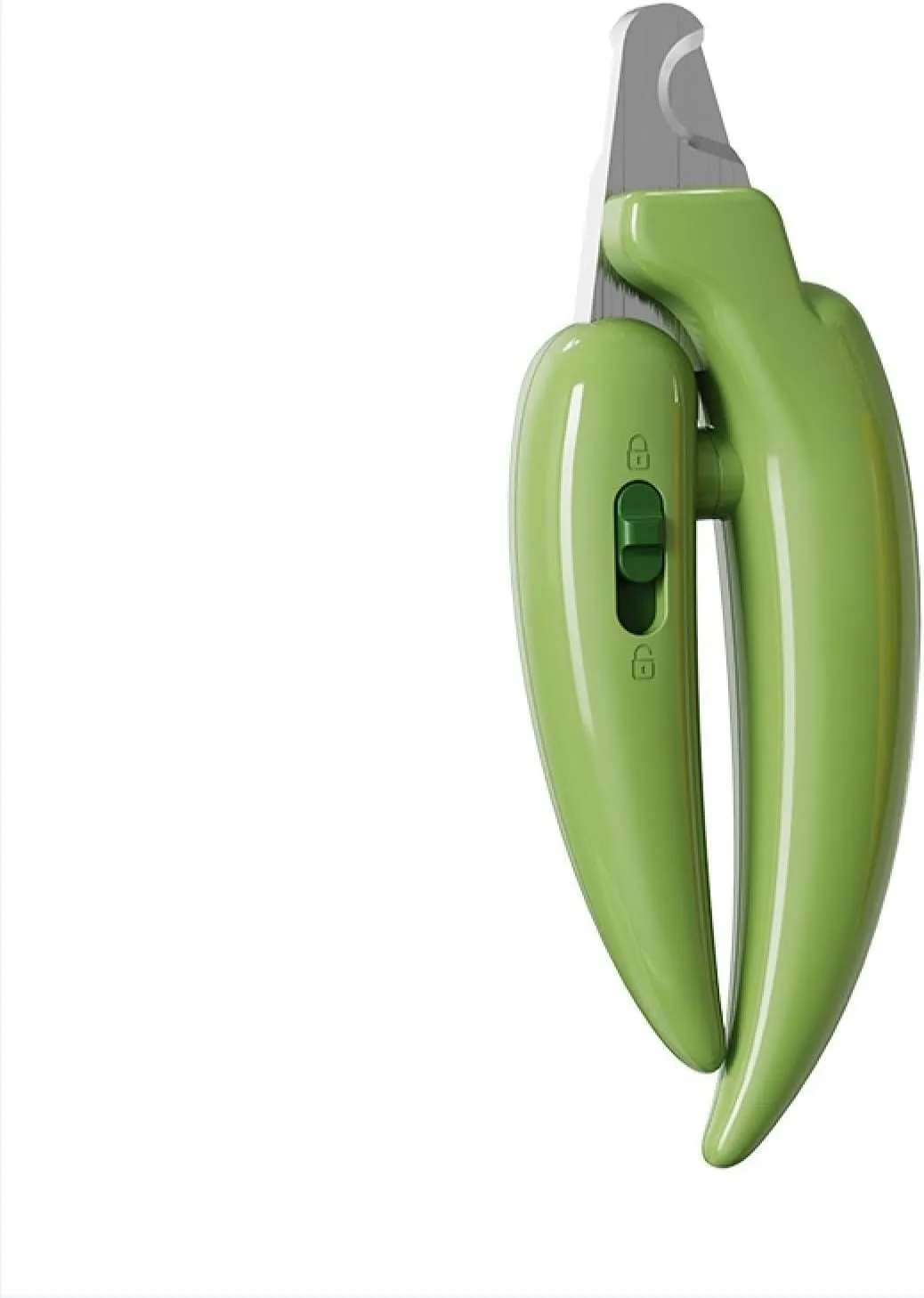 Pet nail clippers with stainless steel blades, anti-splash baffle, and ergonomic handle in green