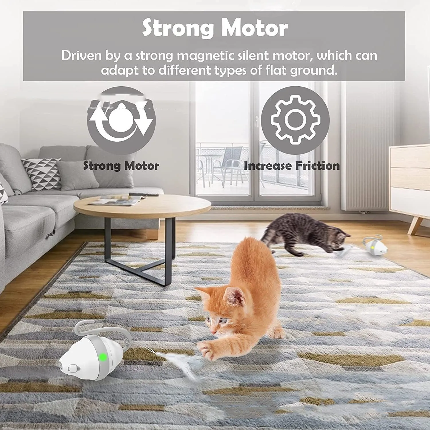 Gray 360 rolling mouse cat toy with feather tease on a floor
