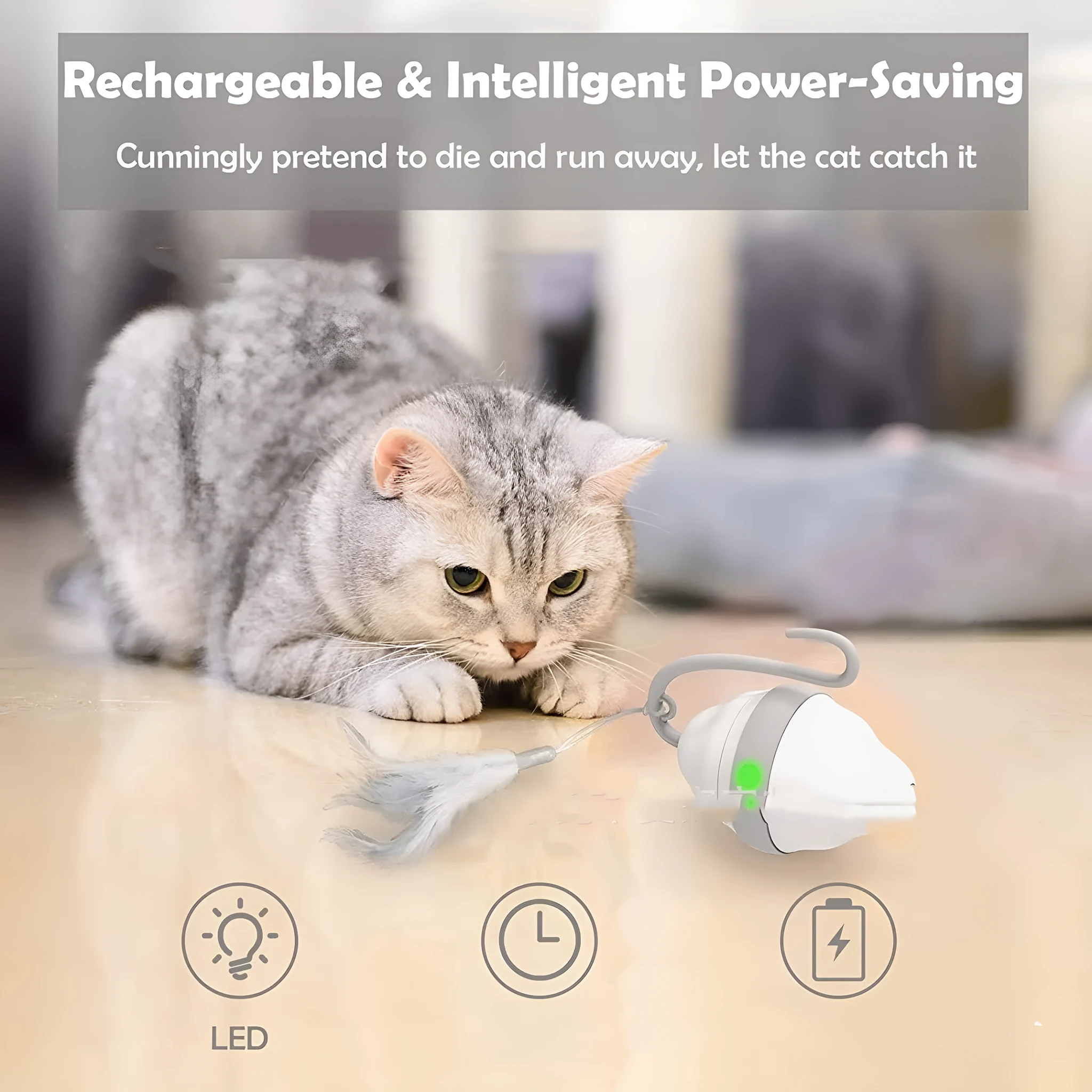 Gray 360 rolling mouse cat toy with feather tease on a floor
