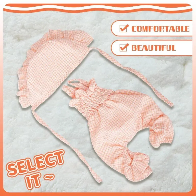 Orange dog jumpsuit with matching hat for small breeds like Yorkies and Chihuahuas, summer outdoor wear