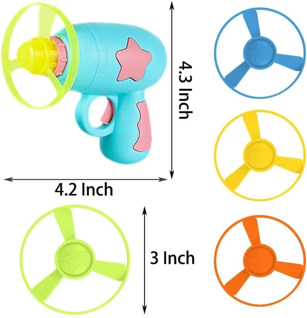 Blue interactive cat toy gun launching plastic frisbee for indoor feline play