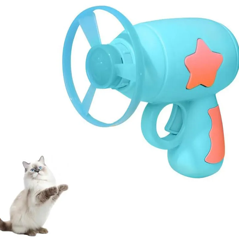 Blue interactive cat toy gun launching plastic frisbee for indoor feline play