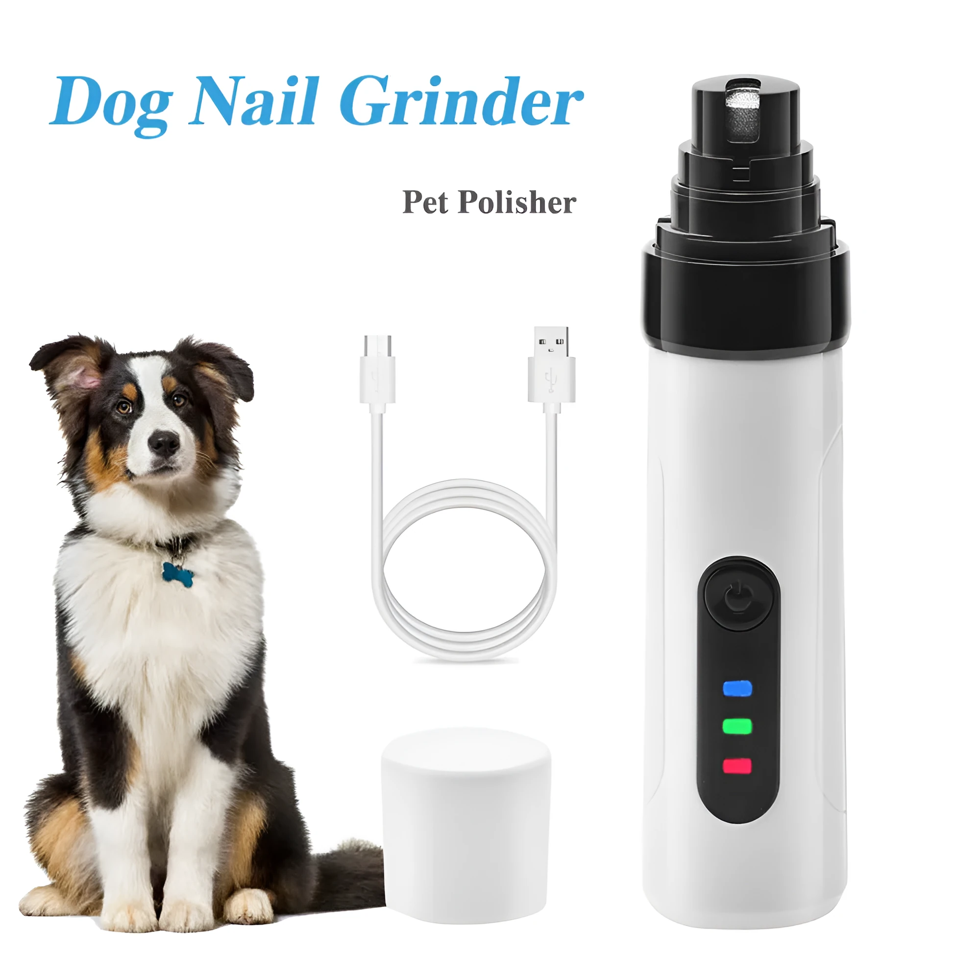 White electric dog nail grinder with 150 mesh emery head, 2-speed switch, on a table with USB cable