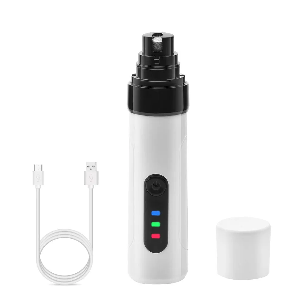 White electric dog nail grinder with 150 mesh emery head, 2-speed switch, on a table with USB cable