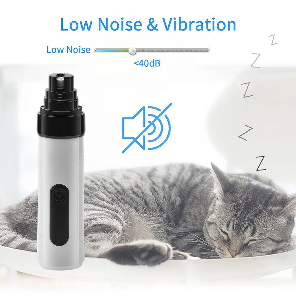 White electric dog nail grinder with 150 mesh emery head, 2-speed switch, on a table with USB cable