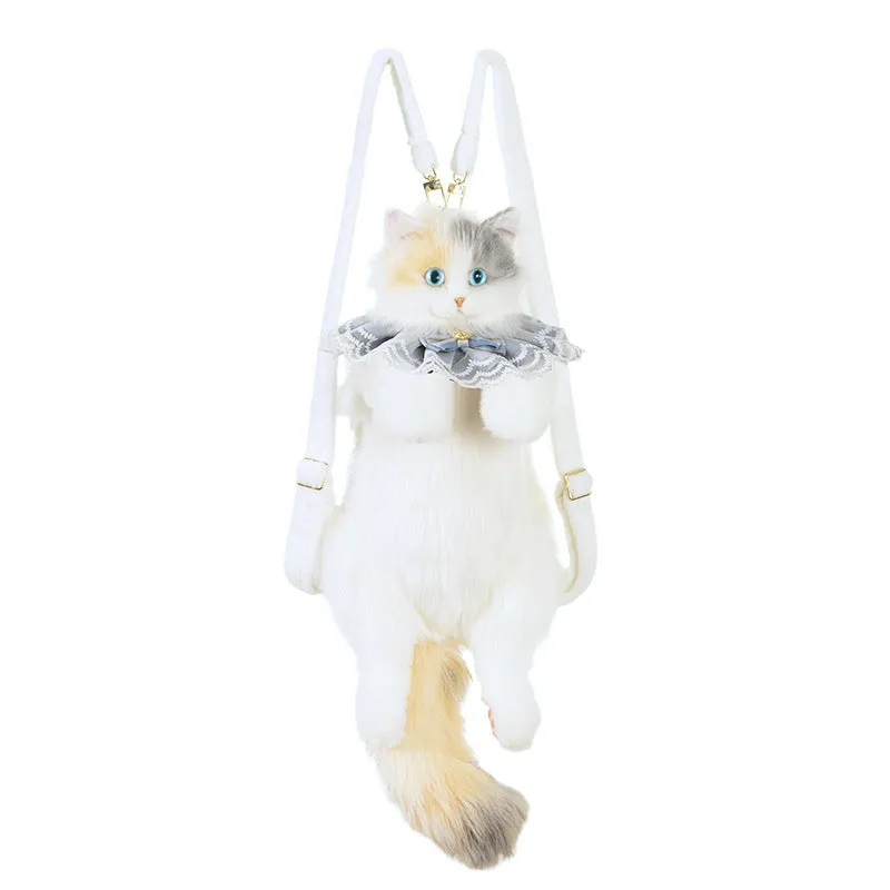 Simulation cat backpack in three-flower cat colour with plaid scarf design for youth