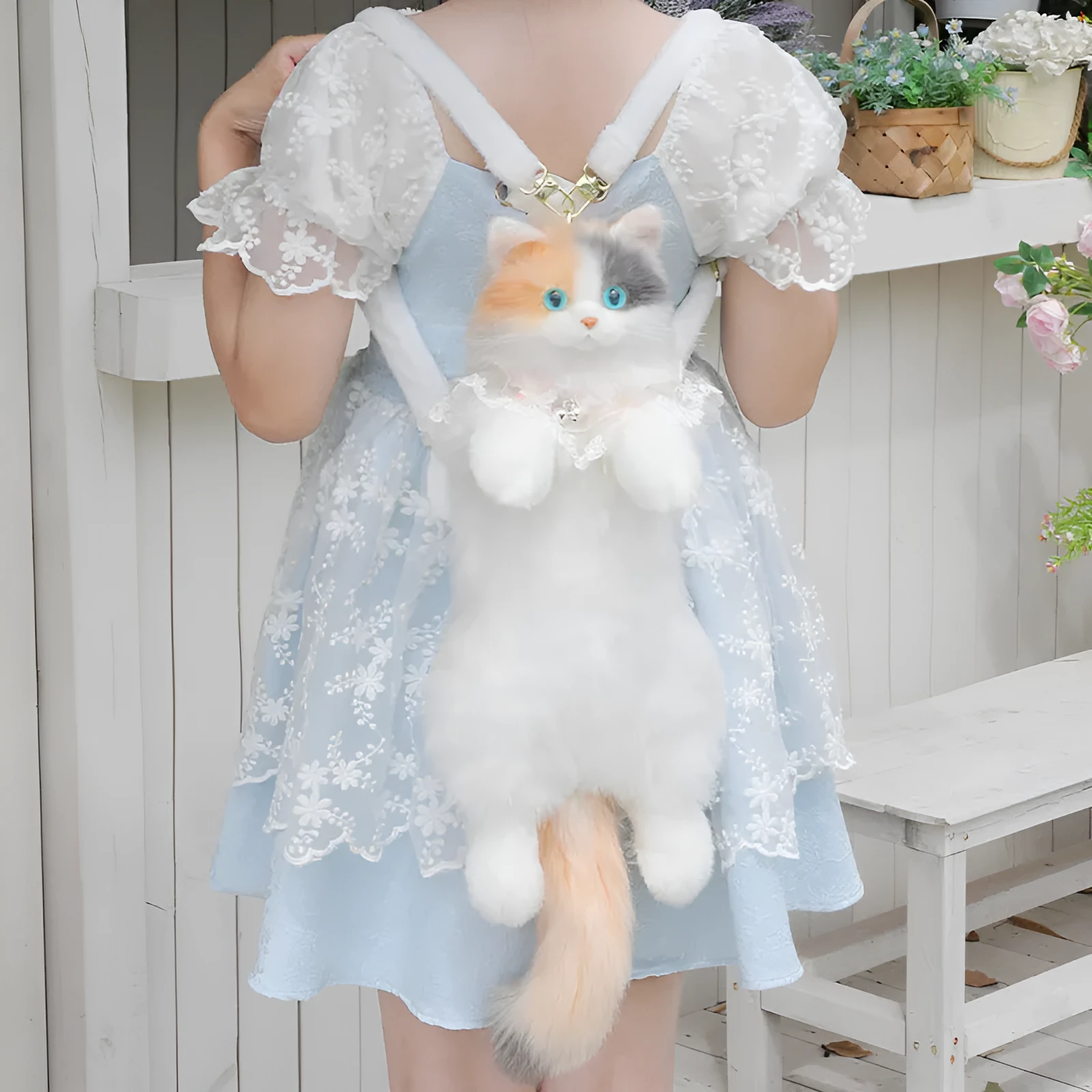 Simulation cat backpack in three-flower cat colour with plaid scarf design for youth