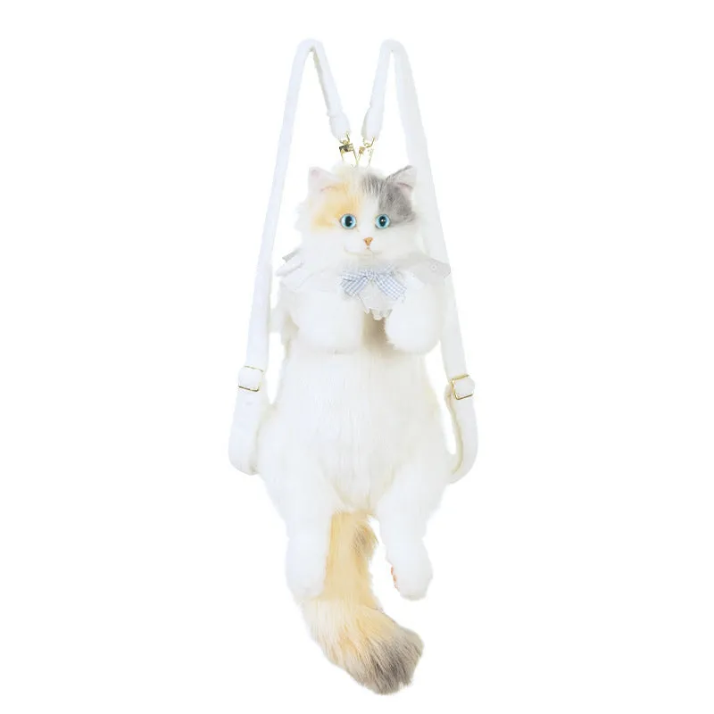 Simulation cat backpack in three-flower cat colour with plaid scarf design for youth