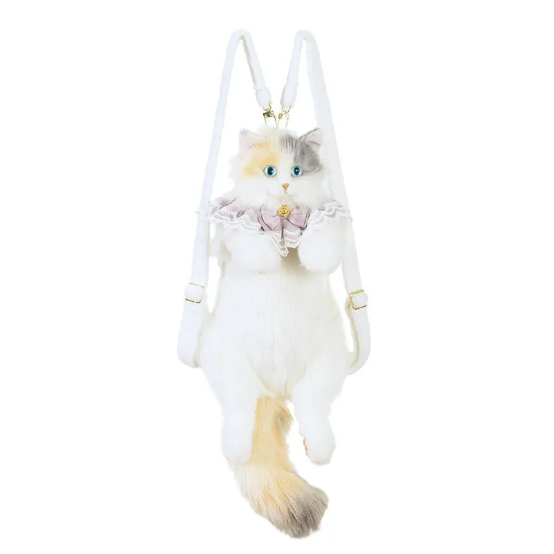 Simulation cat backpack in three-flower cat colour with plaid scarf design for youth