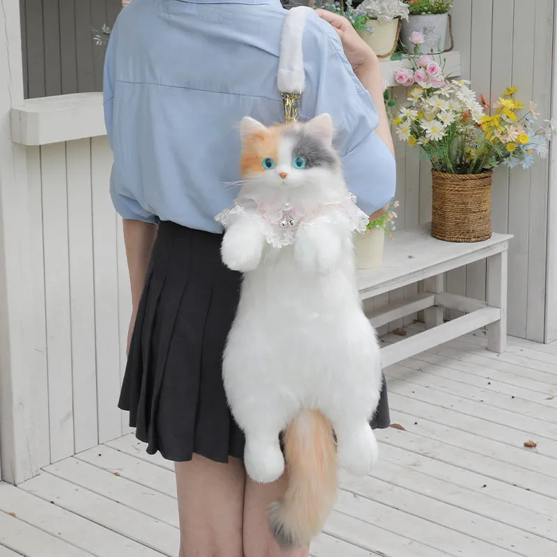 Simulation cat backpack in three-flower cat colour with plaid scarf design for youth