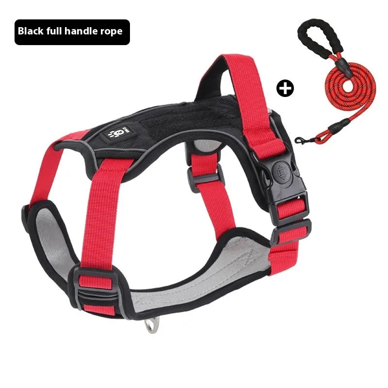 Oxford cloth vest-style dog harness for medium and large dogs in black with optional reflective lead