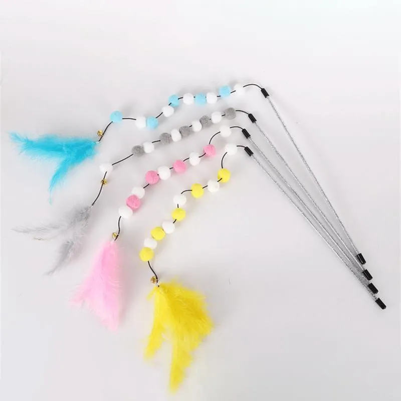 31cm cat teaser rod with colourful pompons and feathers on lightweight stick