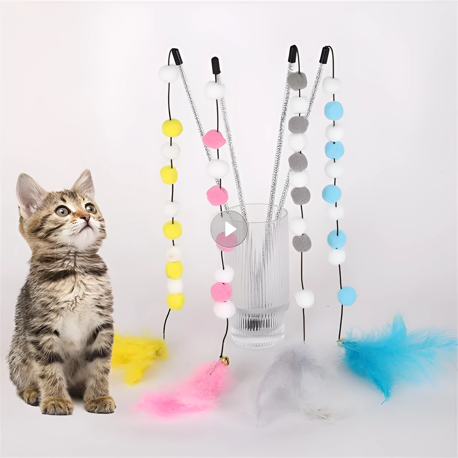 31cm cat teaser rod with colourful pompons and feathers on lightweight stick