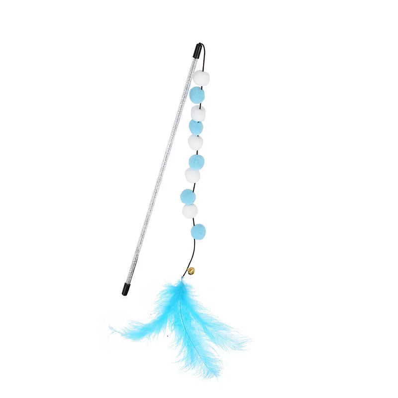 31cm cat teaser rod with colourful pompons and feathers on lightweight stick