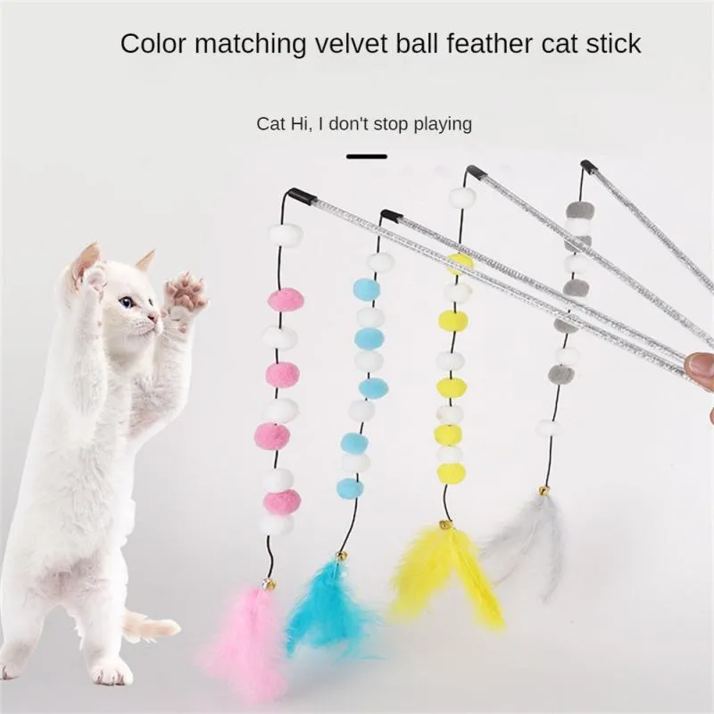 31cm cat teaser rod with colourful pompons and feathers on lightweight stick
