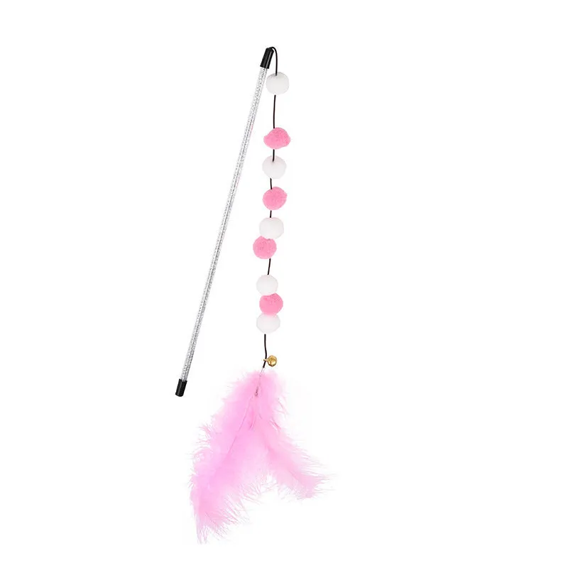 31cm cat teaser rod with colourful pompons and feathers on lightweight stick