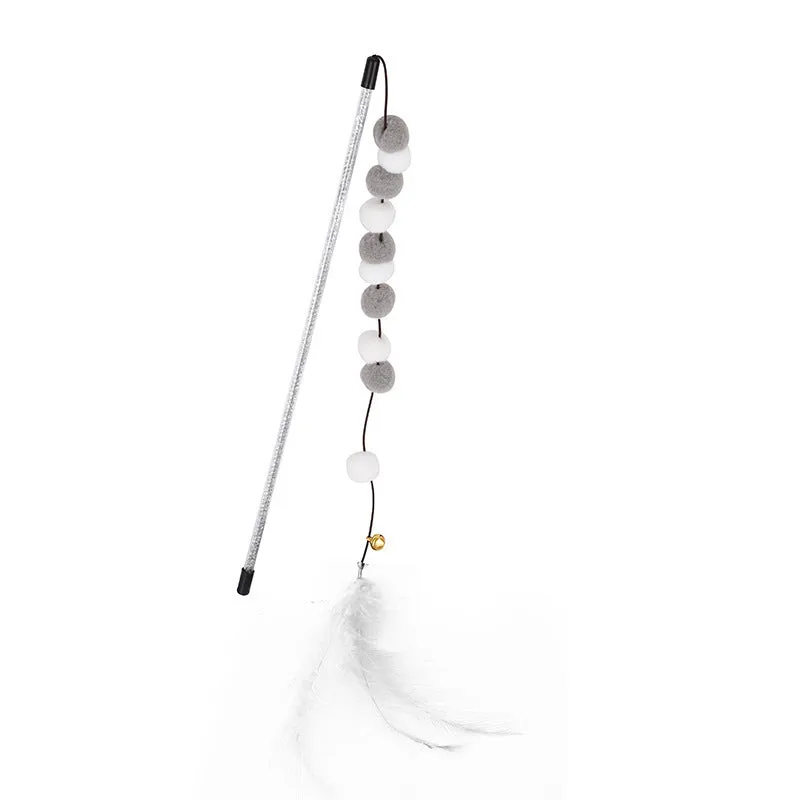 31cm cat teaser rod with colourful pompons and feathers on lightweight stick