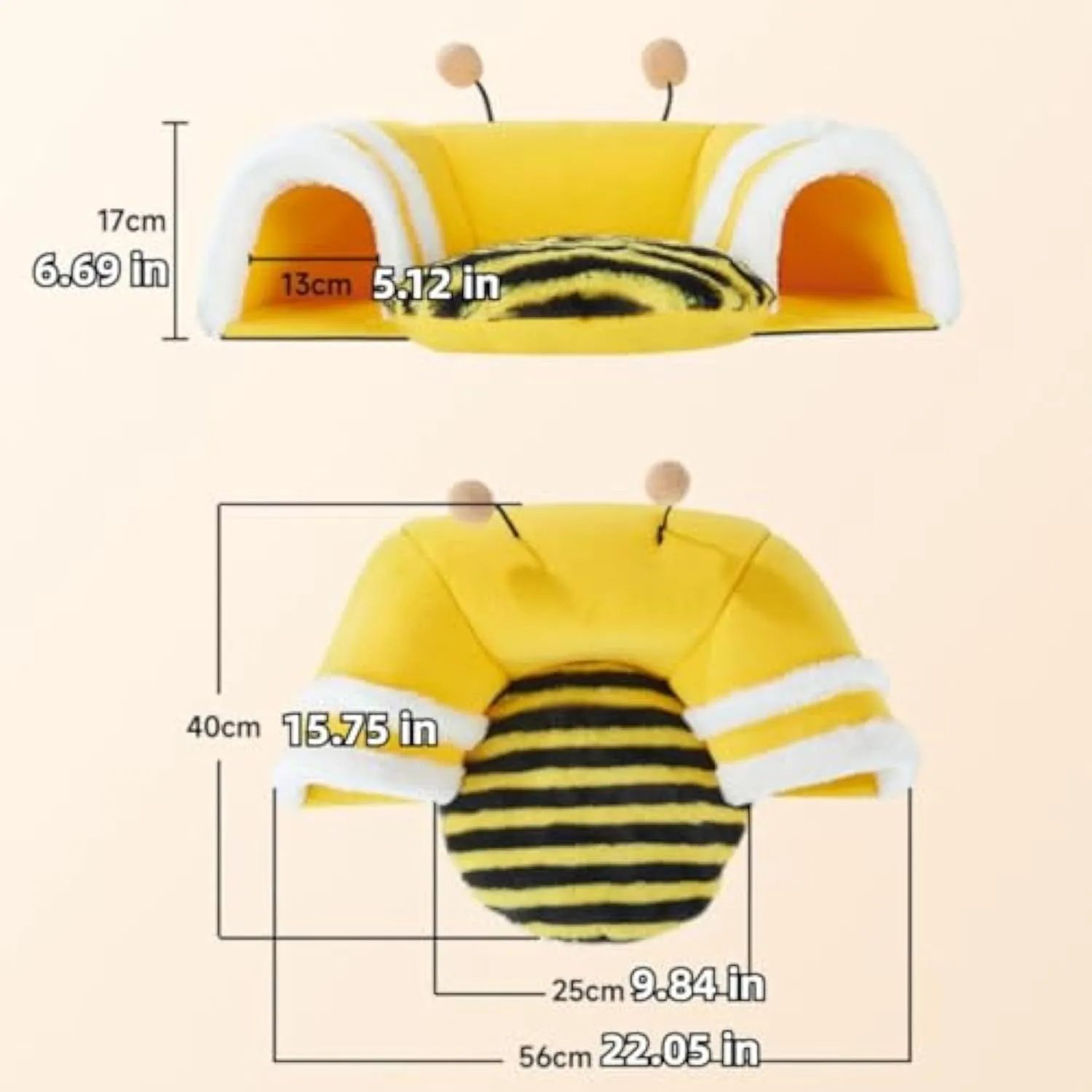 Yellow bee-shaped plush tunnel bed for small pets with removable sections and wire frame