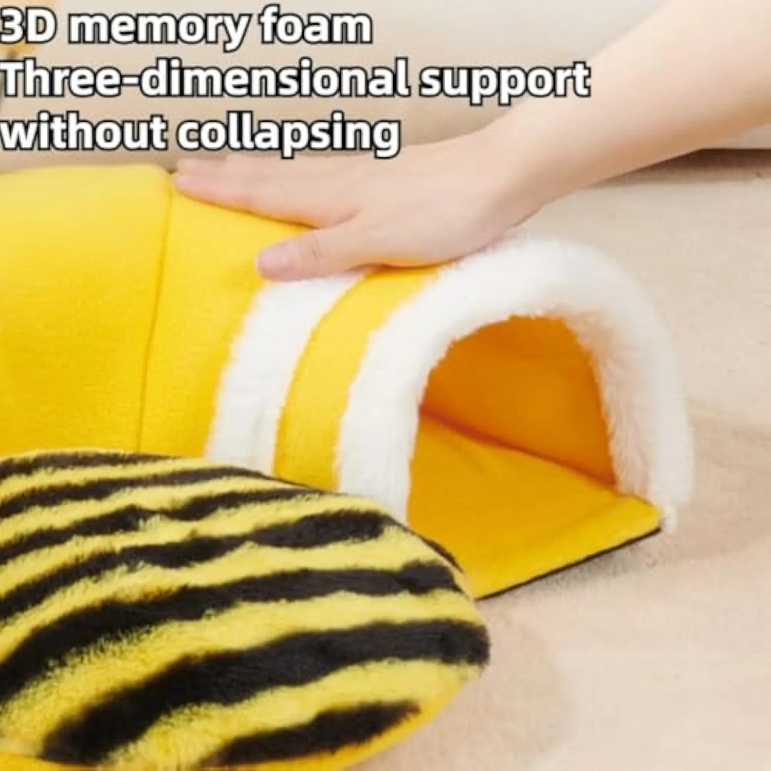 Yellow bee-shaped plush tunnel bed for small pets with removable sections and wire frame