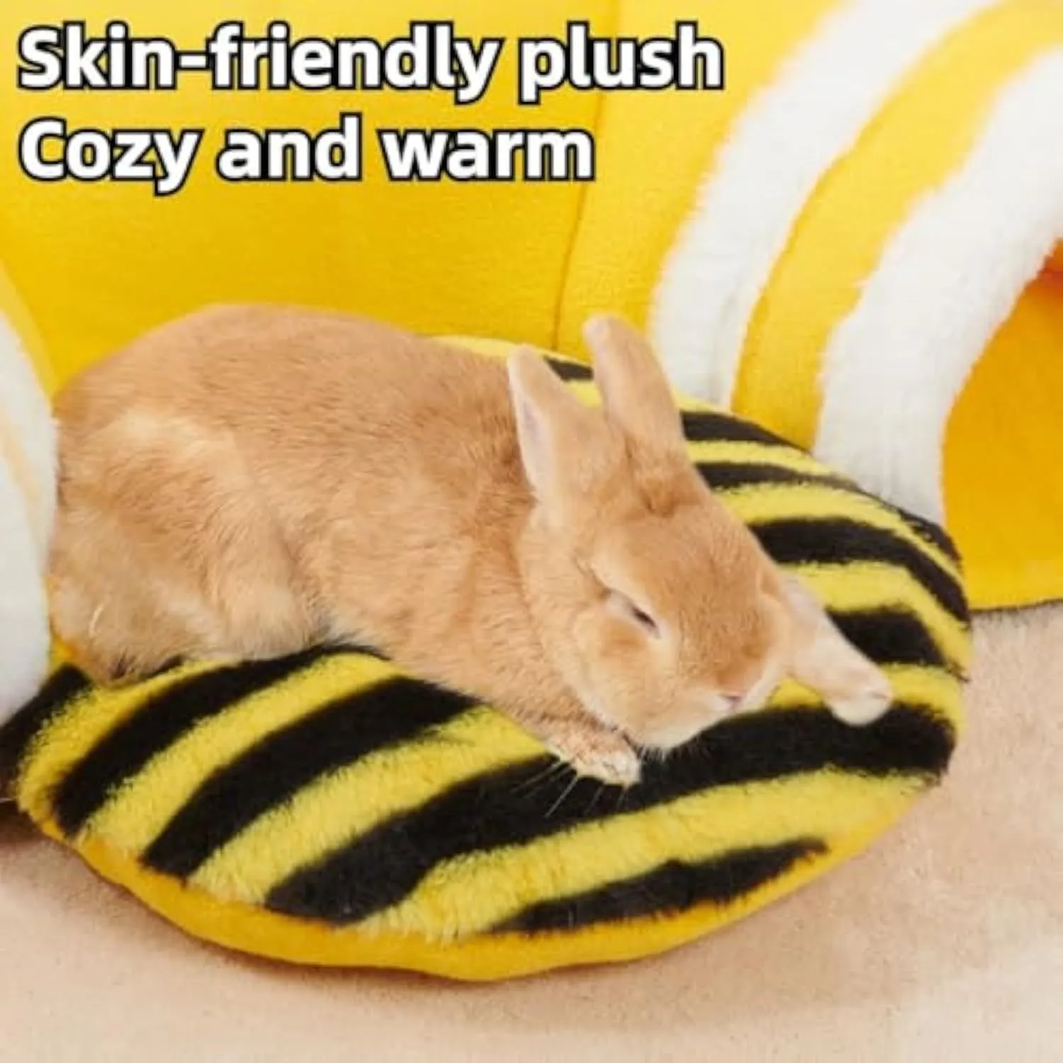 Yellow bee-shaped plush tunnel bed for small pets with removable sections and wire frame