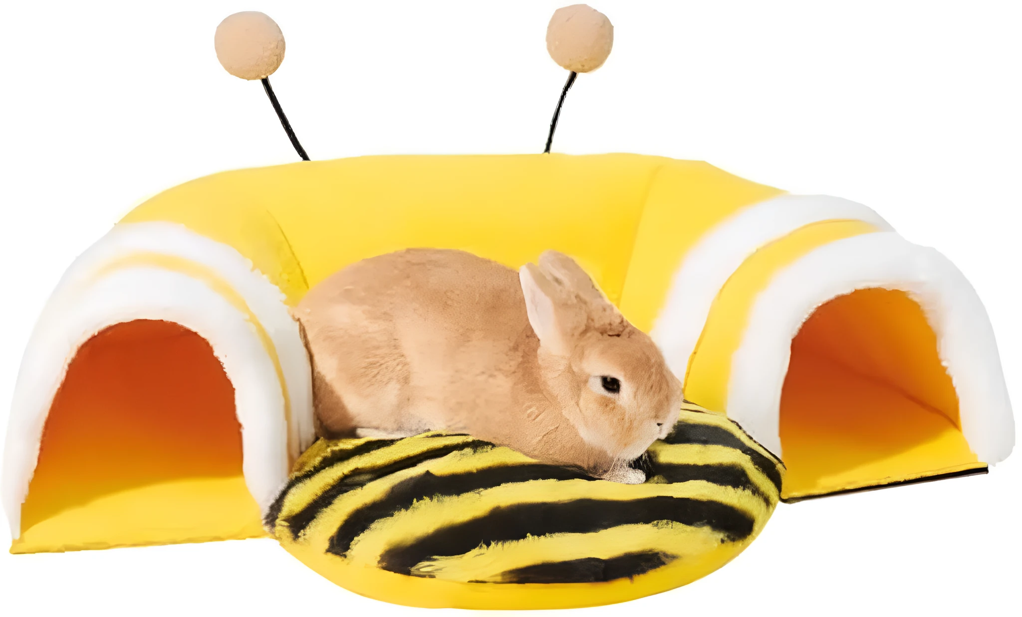 Yellow bee-shaped plush tunnel bed for small pets with removable sections and wire frame