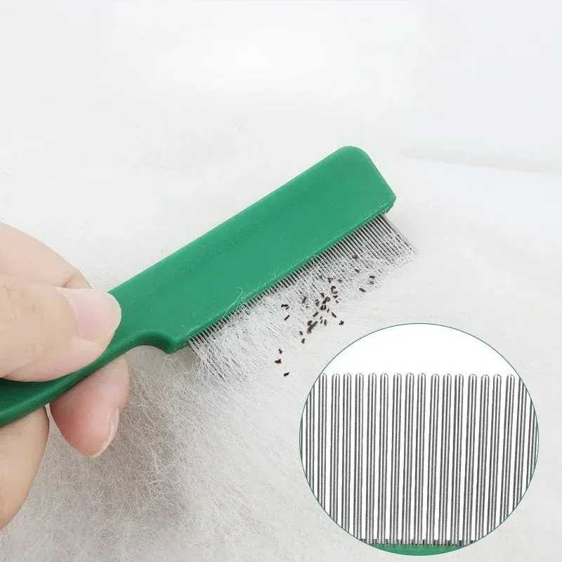 Green plastic handle pet flea comb with stainless steel pins for dog and cat grooming