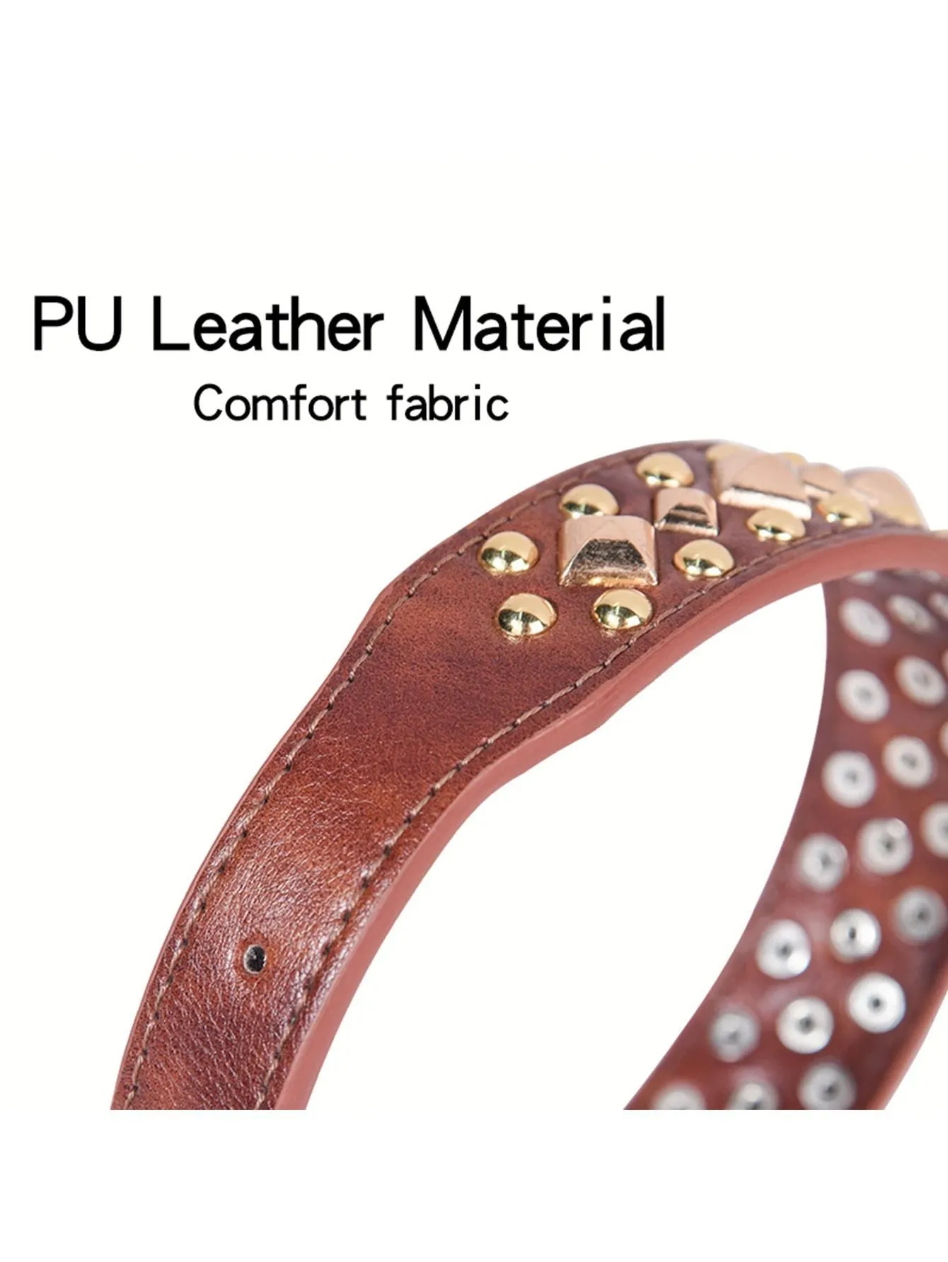 Rivet leather dog collar with golden rivet decoration in retro style, available in black brown grey green and red sizes XS to XL