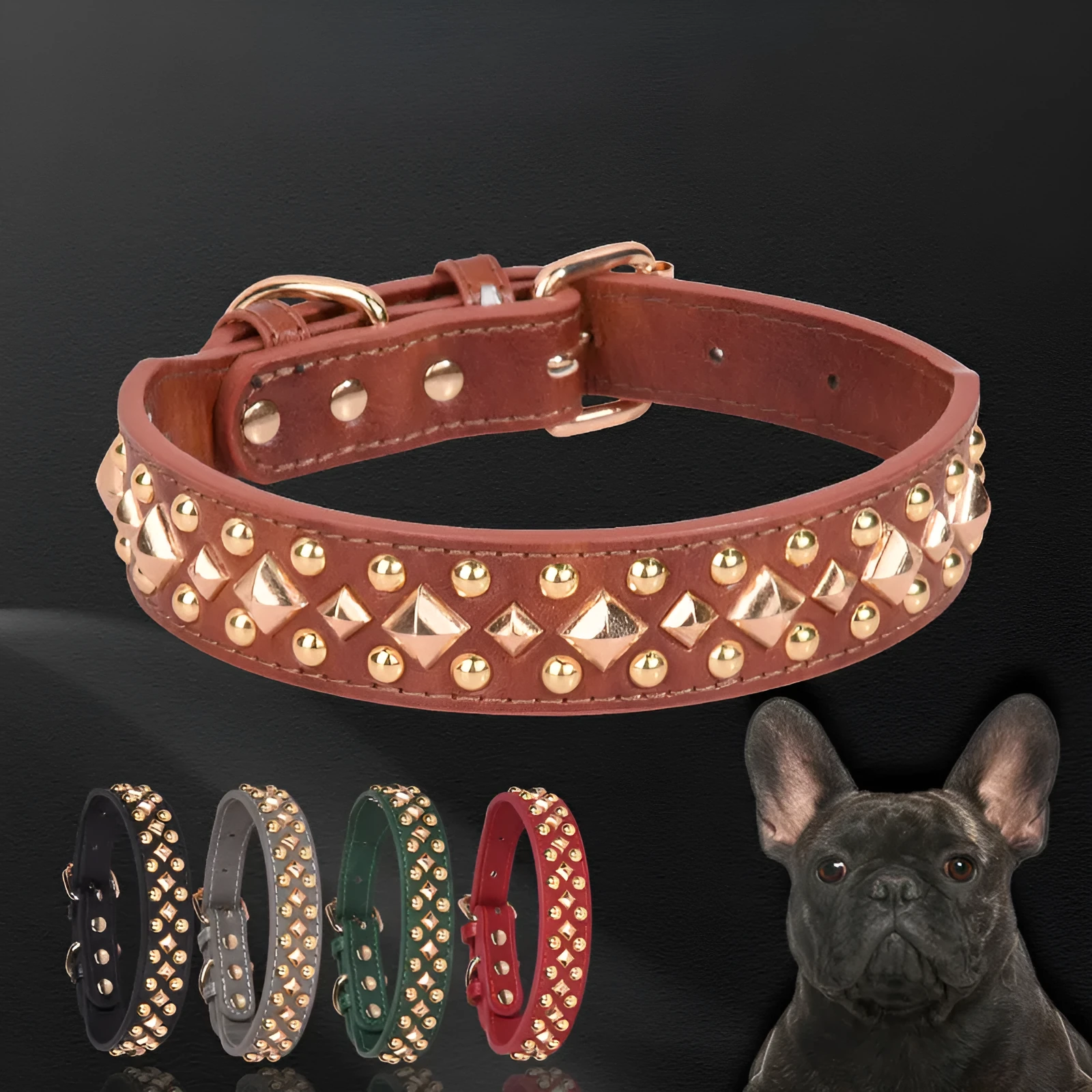 Rivet leather dog collar with golden rivet decoration in retro style, available in black brown grey green and red sizes XS to XL