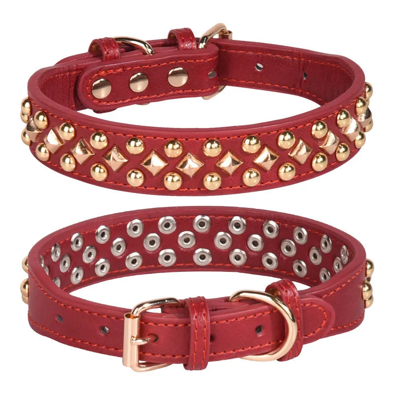 Rivet leather dog collar with golden rivet decoration in retro style, available in black brown grey green and red sizes XS to XL