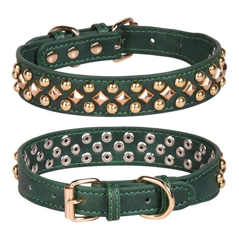 Rivet leather dog collar with golden rivet decoration in retro style, available in black brown grey green and red sizes XS to XL