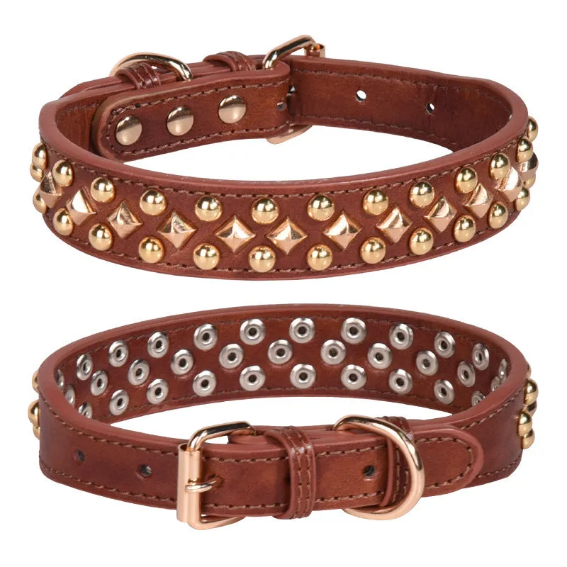 Rivet leather dog collar with golden rivet decoration in retro style, available in black brown grey green and red sizes XS to XL