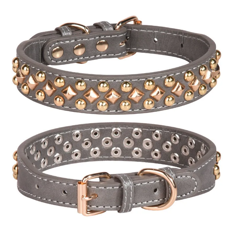 Rivet leather dog collar with golden rivet decoration in retro style, available in black brown grey green and red sizes XS to XL