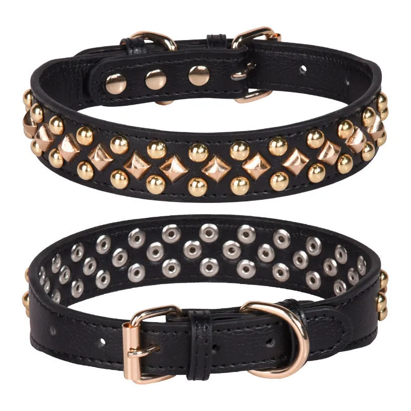 Rivet leather dog collar with golden rivet decoration in retro style, available in black brown grey green and red sizes XS to XL