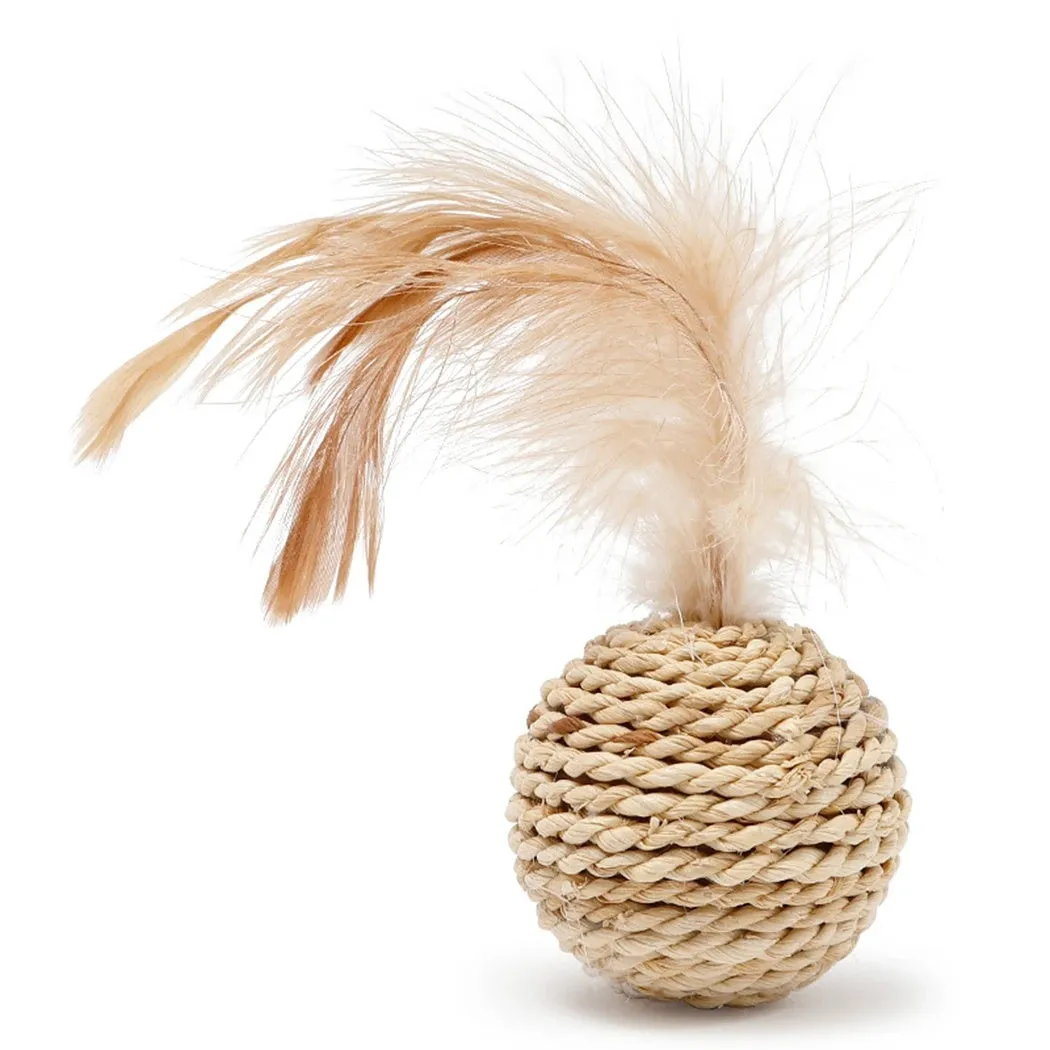 Two cat toys: a rattan ball and a faux feather ball with bell for interactive feline play