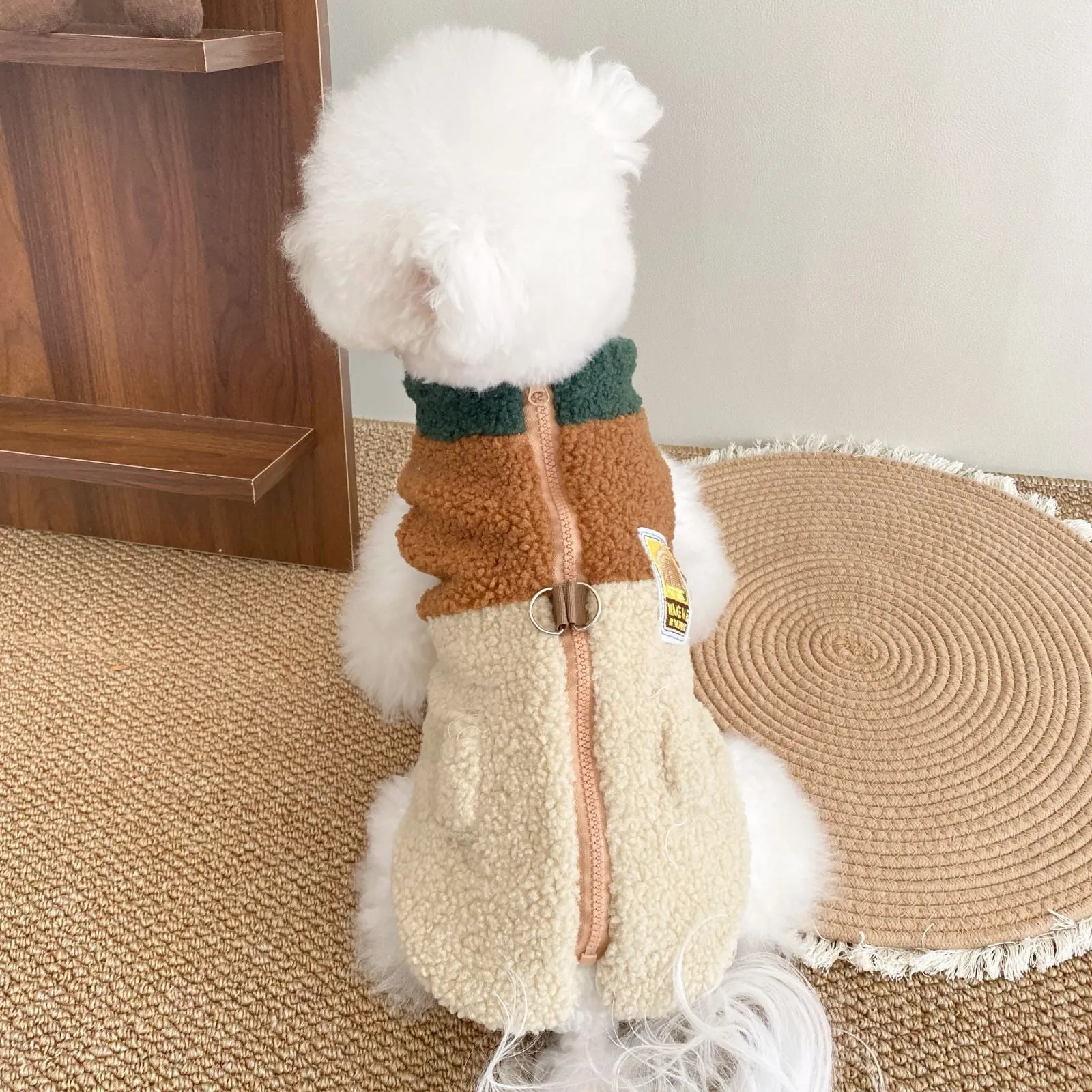Lomi Brown denim-style polyester traction vest for dogs, side view, sizes XS to XL