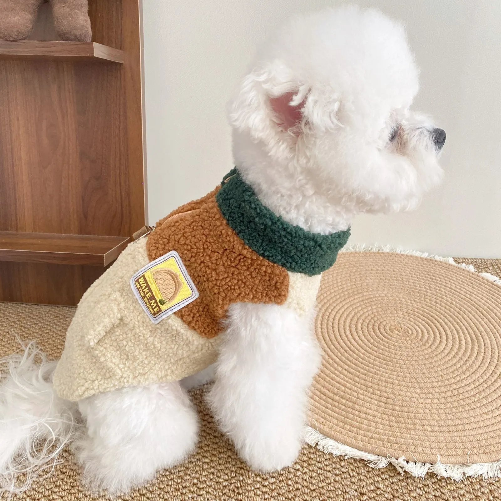 Lomi Brown denim-style polyester traction vest for dogs, side view, sizes XS to XL