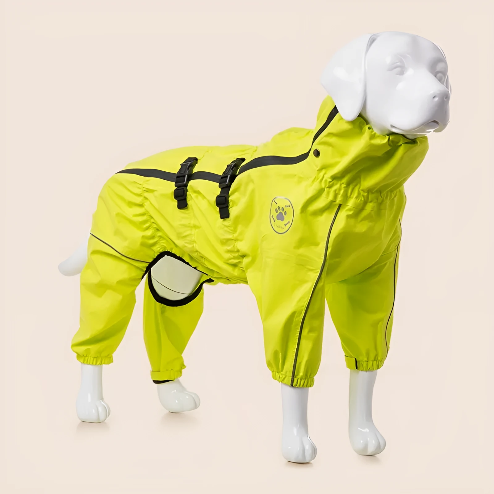 Waterproof polyester dog raincoat in black for medium large dogs, four-legged design with hood