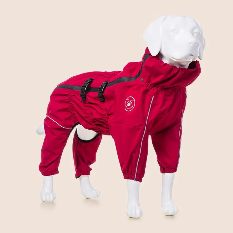 Waterproof polyester dog raincoat in black for medium large dogs, four-legged design with hood