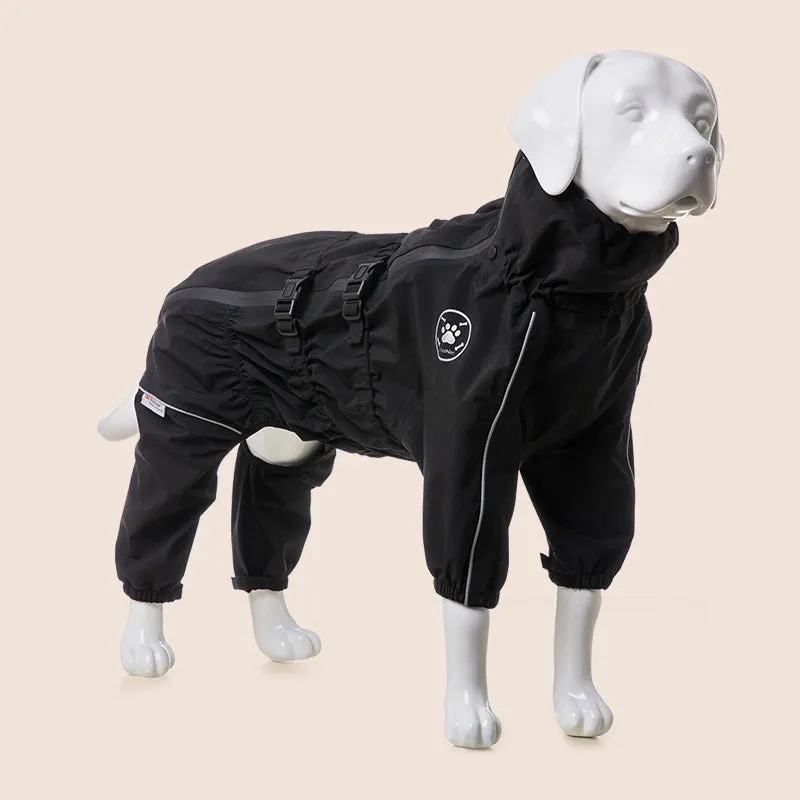 Waterproof polyester dog raincoat in black for medium large dogs, four-legged design with hood