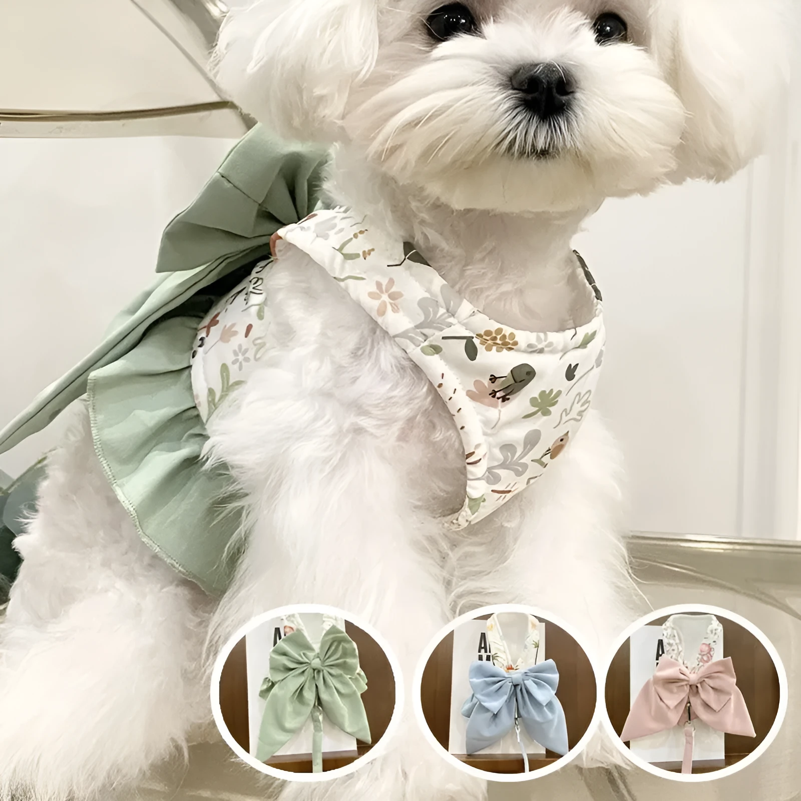 Dog Japanese three-purpose hand holding rope bow half vest style pet harness in Sky Blue on small dog