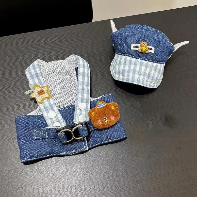 Trendy cow pet chest-back harness with hand-holding rope in British style on a dog, sizes XS to XL