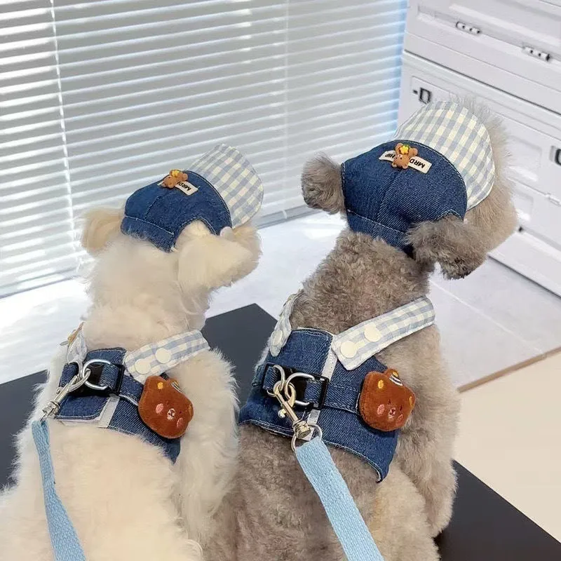 Trendy cow pet chest-back harness with hand-holding rope in British style on a dog, sizes XS to XL