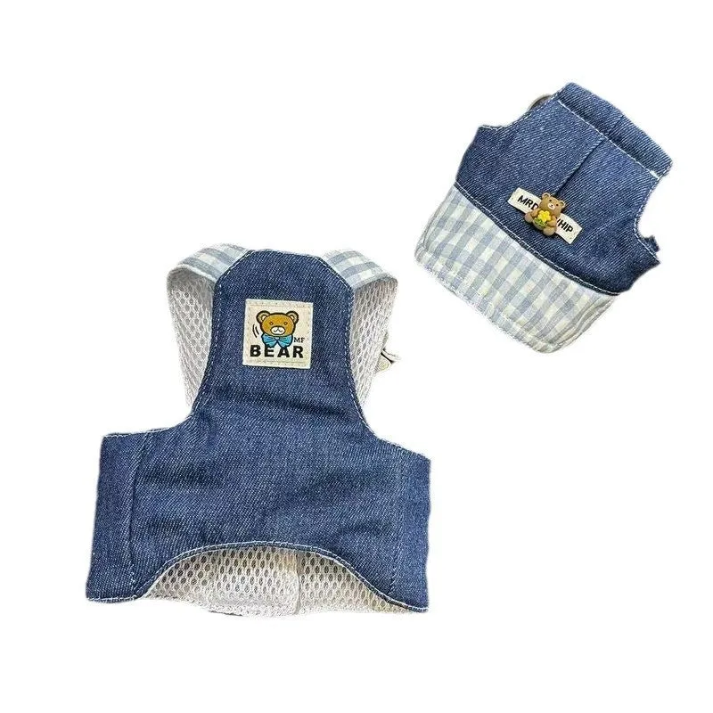 Trendy cow pet chest-back harness with hand-holding rope in British style on a dog, sizes XS to XL