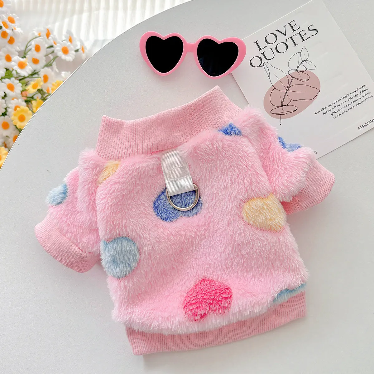 Flannel pet clothing in pink love pattern on a light background, cotton material, available from XS to XXL