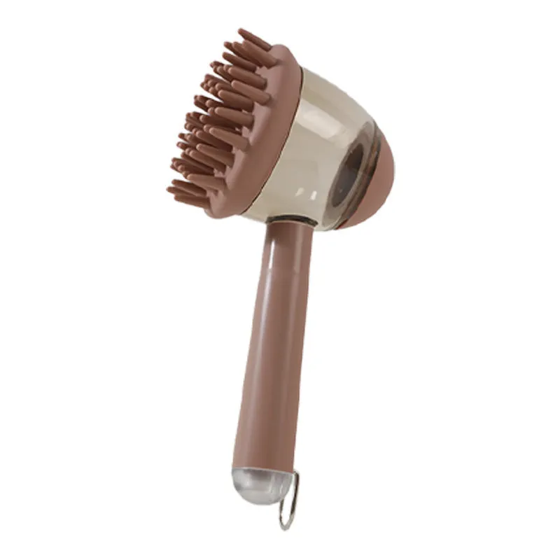 Three 3-in-1 pet bath brushes in beige, blue, and green with shampoo dispensing handles and silicone bristles on white background
