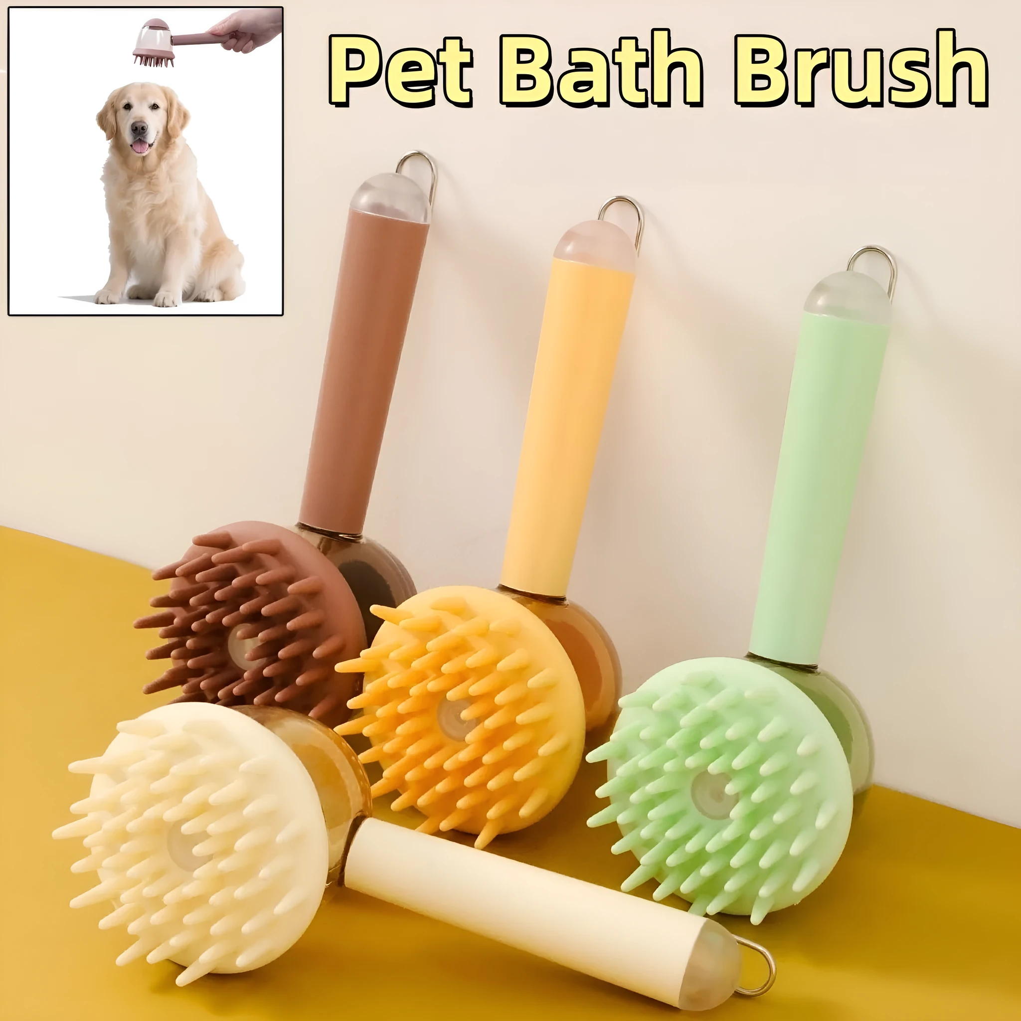 Three 3-in-1 pet bath brushes in beige, blue, and green with shampoo dispensing handles and silicone bristles on white background