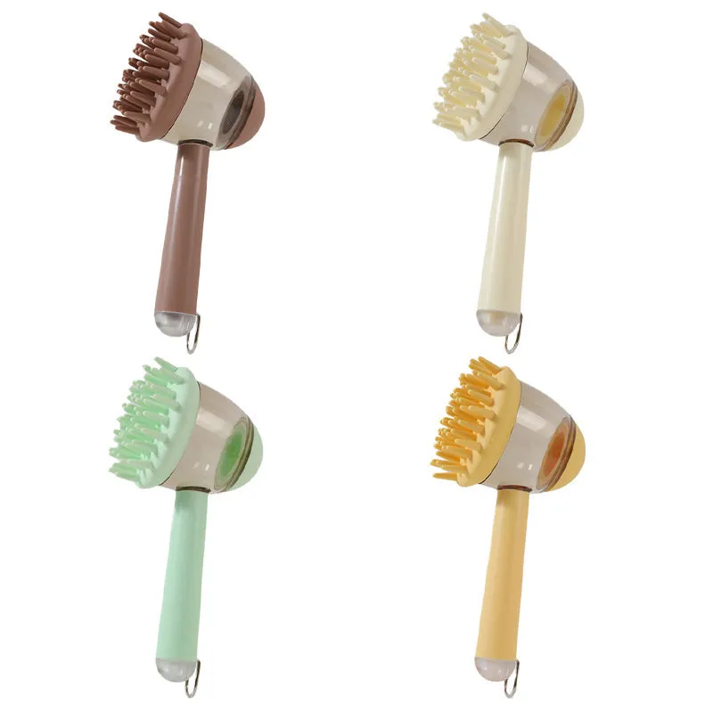 Three 3-in-1 pet bath brushes in beige, blue, and green with shampoo dispensing handles and silicone bristles on white background