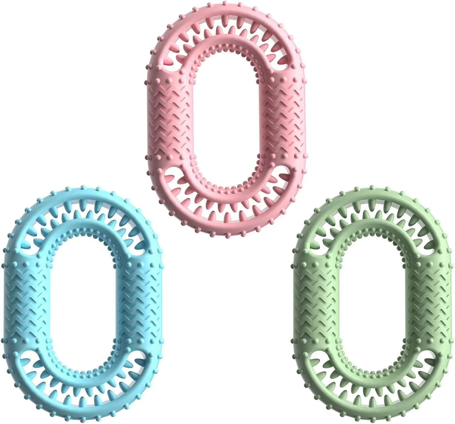 Blue, green, and pink heavy-duty O-ring shaped dog chew toy for aggressive chewers.