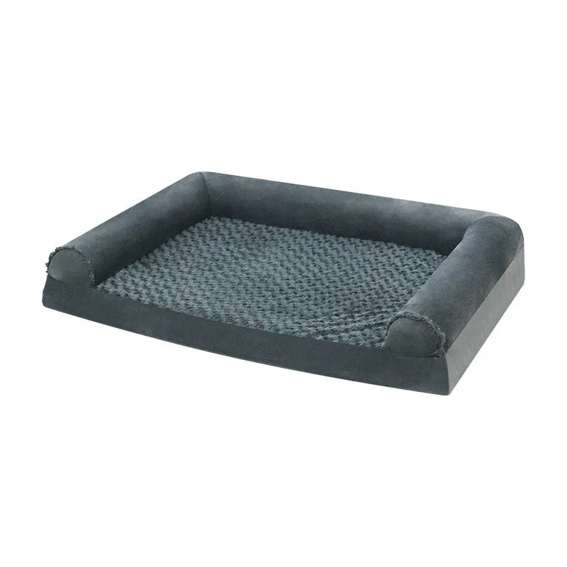 Grey cloth indoor dog kennel with padded walls and a foam cushion, shown in large size.
