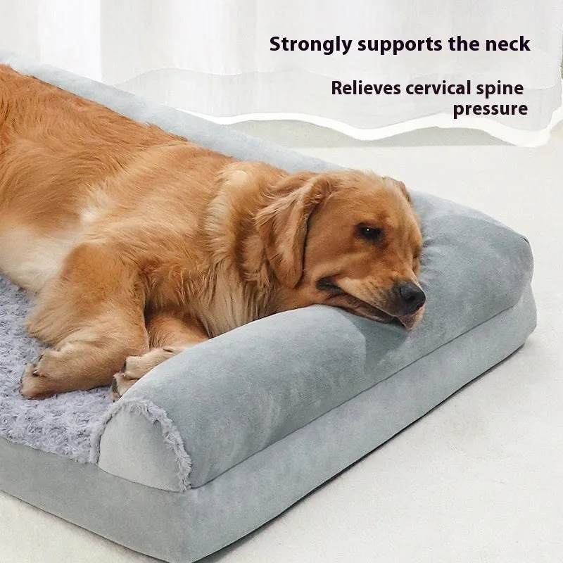 Grey cloth indoor dog kennel with padded walls and a foam cushion, shown in large size.